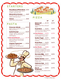 Italian themed pizza and pasta menu with Ai Menu Graphics art.